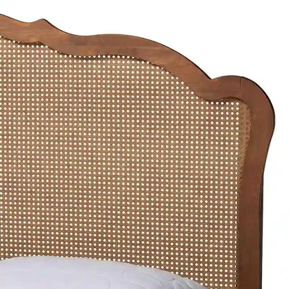 Camden Mid-Century Walnut Brown Wood and Rattan Platform Bed