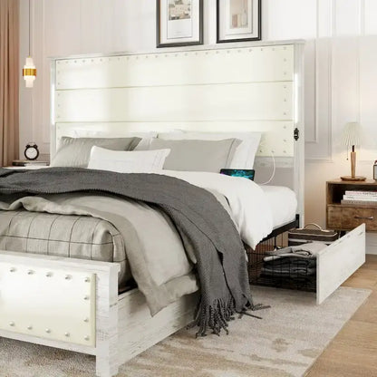 King Bed Frame with Headboard&Charging Station, 4 Drawers, LED Lights, Wood Slats, Faux Leather & Rivets, No Box Spring Needed