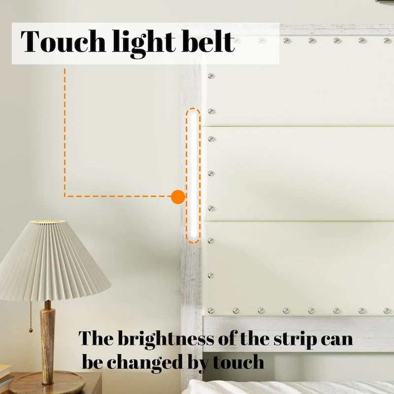 King Bed Frame with Headboard&Charging Station, 4 Drawers, LED Lights, Wood Slats, Faux Leather & Rivets, No Box Spring Needed