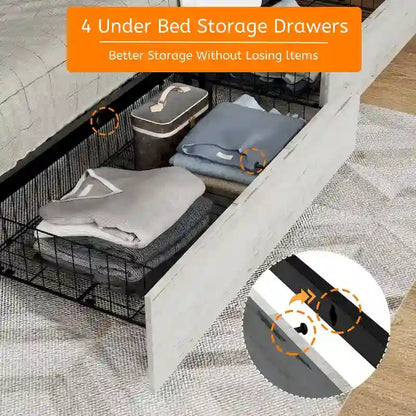 King Bed Frame with Headboard&Charging Station, 4 Drawers, LED Lights, Wood Slats, Faux Leather & Rivets, No Box Spring Needed