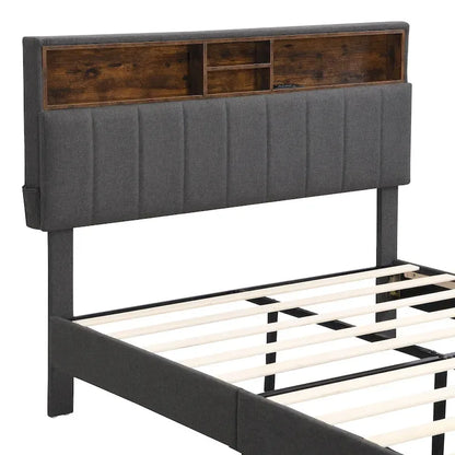 Upholstered Platform Bed with Storage Headboard and USB Port
