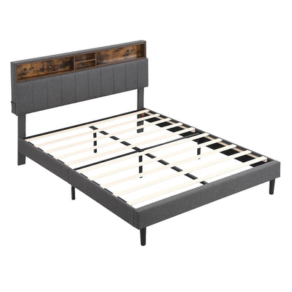Upholstered Platform Bed with Storage Headboard and USB Port