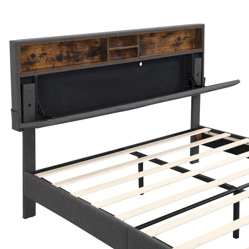 Upholstered Platform Bed with Storage Headboard and USB Port