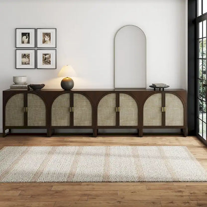 Paxton Boho Wood Storage Cabinet with Doors, Small Storage Cabinet or TV Stand with Rattan Door Details