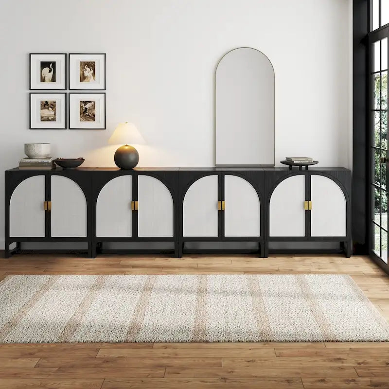 Paxton Boho Wood Storage Cabinet with Doors, Small Storage Cabinet or TV Stand with Rattan Door Details