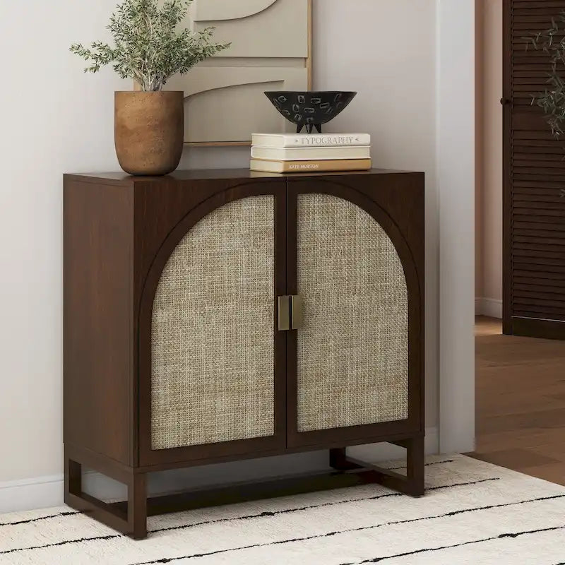 Paxton Boho Wood Storage Cabinet with Doors, Small Storage Cabinet or TV Stand with Rattan Door Details