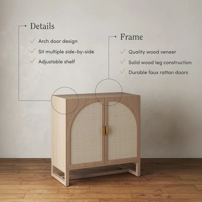 Paxton Boho Wood Storage Cabinet with Doors, Small Storage Cabinet or TV Stand with Rattan Door Details