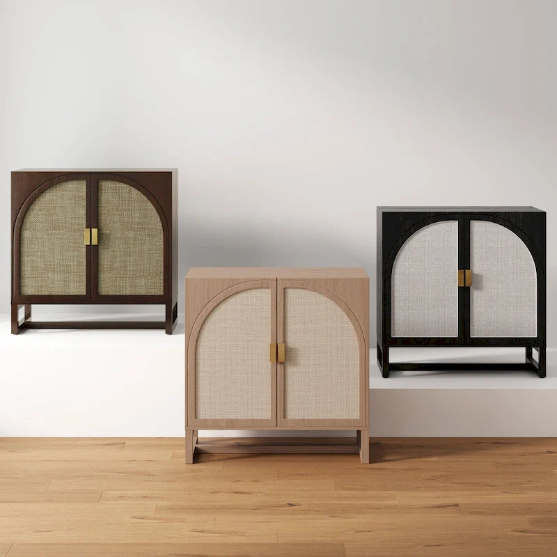 Paxton Boho Wood Storage Cabinet with Doors, Small Storage Cabinet or TV Stand with Rattan Door Details