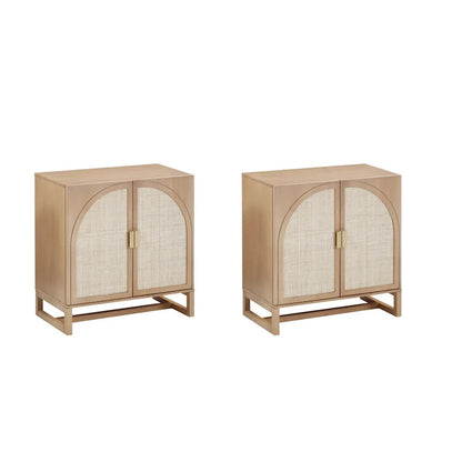Paxton Boho Wood Storage Cabinet with Doors, Small Storage Cabinet or TV Stand with Rattan Door Details