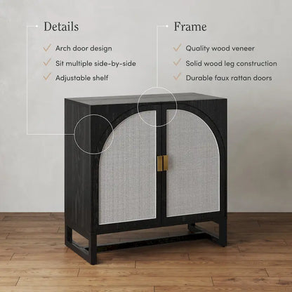 Paxton Boho Wood Storage Cabinet with Doors, Small Storage Cabinet or TV Stand with Rattan Door Details