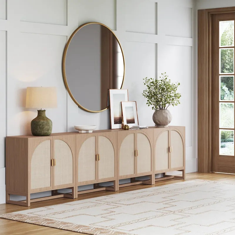 Paxton Boho Wood Storage Cabinet with Doors, Small Storage Cabinet or TV Stand with Rattan Door Details