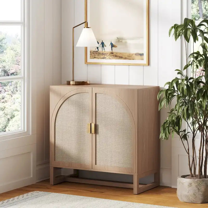 Paxton Boho Wood Storage Cabinet with Doors, Small Storage Cabinet or TV Stand with Rattan Door Details