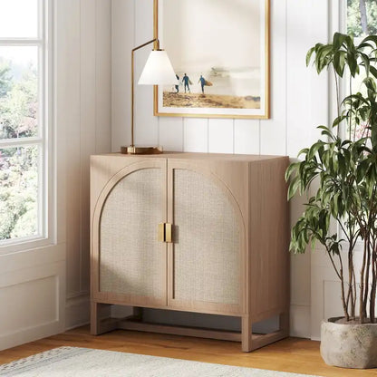 Paxton Boho Wood Storage Cabinet with Doors, Small Storage Cabinet or TV Stand with Rattan Door Details