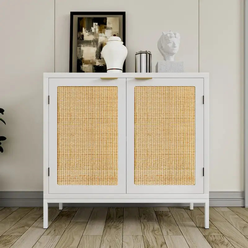 Anmytek White Wood Rattan Sideboard Buffet Kitchen Storage Cabinet with 2 Doors