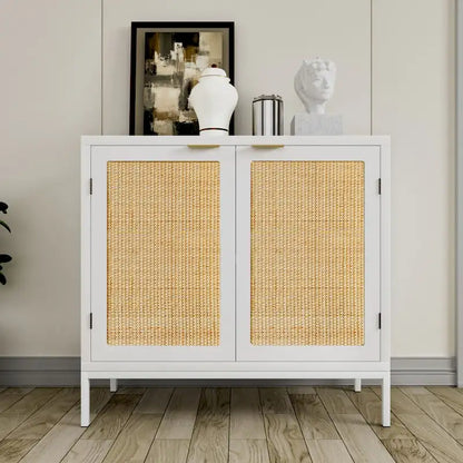 Anmytek White Wood Rattan Sideboard Buffet Kitchen Storage Cabinet with 2 Doors