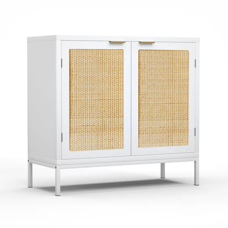 Anmytek White Wood Rattan Sideboard Buffet Kitchen Storage Cabinet with 2 Doors