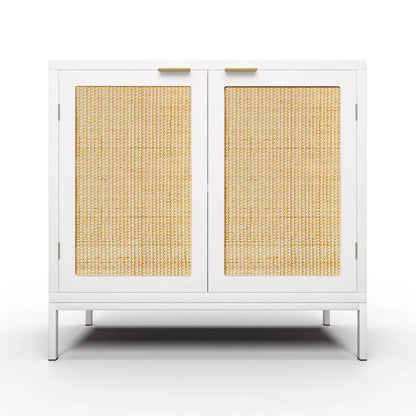 Anmytek White Wood Rattan Sideboard Buffet Kitchen Storage Cabinet with 2 Doors