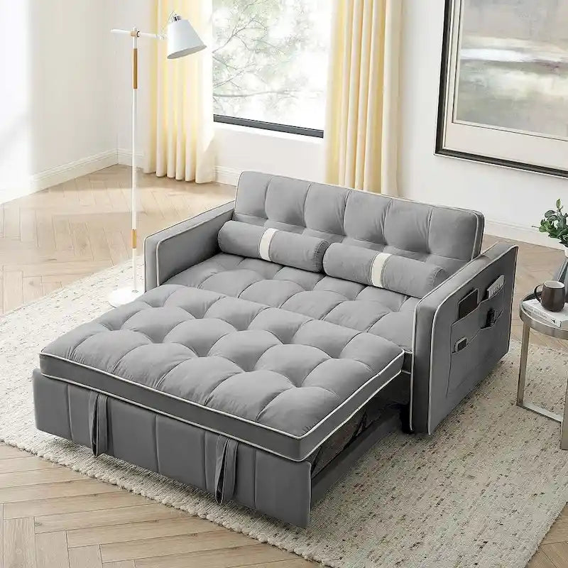 Modern 55.5 Velvet Pull-Out Adjustable Sofa Bed with Side Pockets