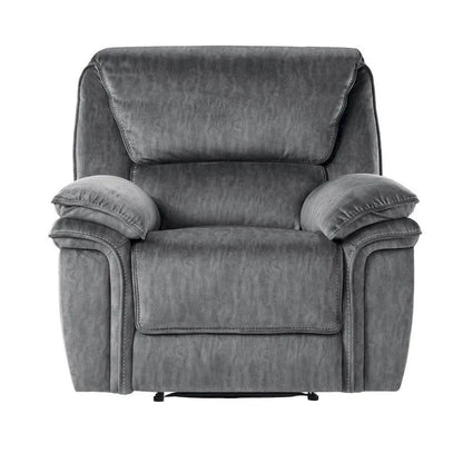 Muir 38 Inch Manual Recliner Chair, Tufted Back Gray Microfiber, Solid Wood