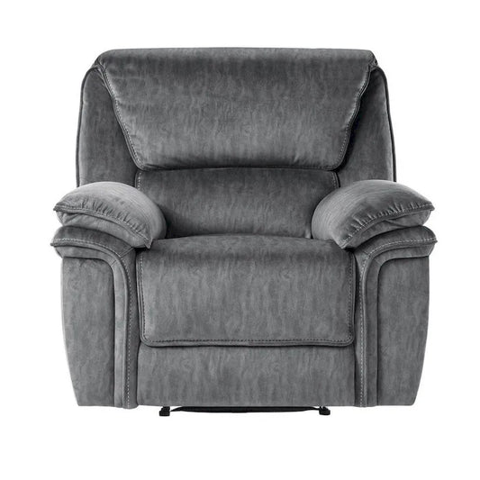 Muir 38 Inch Manual Recliner Chair, Tufted Back Gray Microfiber, Solid Wood
