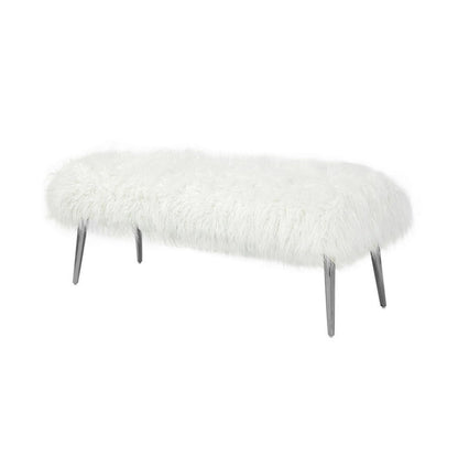 Ammy 45 Inch Bench with Foam Fill Seat, White Faux Fur, Silver Metal Legs
