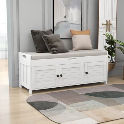 Storage Bench with 3 Shutter-shaped Doors, Shoe Bench with Removable Cushion and Hidden Storage Space