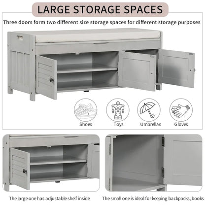 Storage Bench with 3 Shutter-shaped Doors, Shoe Bench with Removable Cushion and Hidden Storage Space