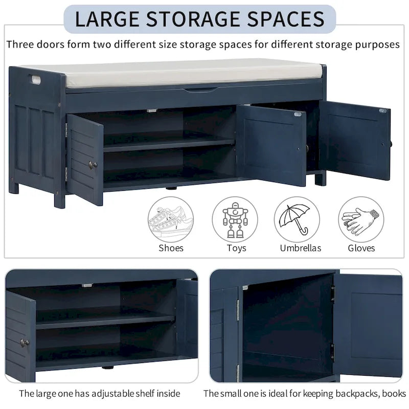 Storage Bench with 3 Shutter-shaped Doors, Shoe Bench with Removable Cushion and Hidden Storage Space