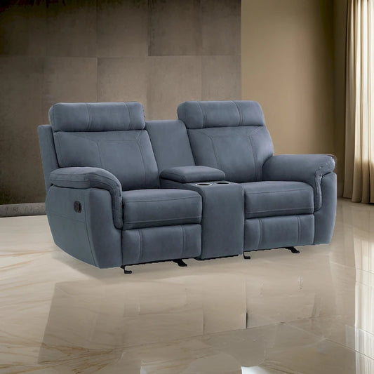 Clif 76 Inch Manual Glider Reclining Loveseat, Solid Wood, Blue Microfiber
