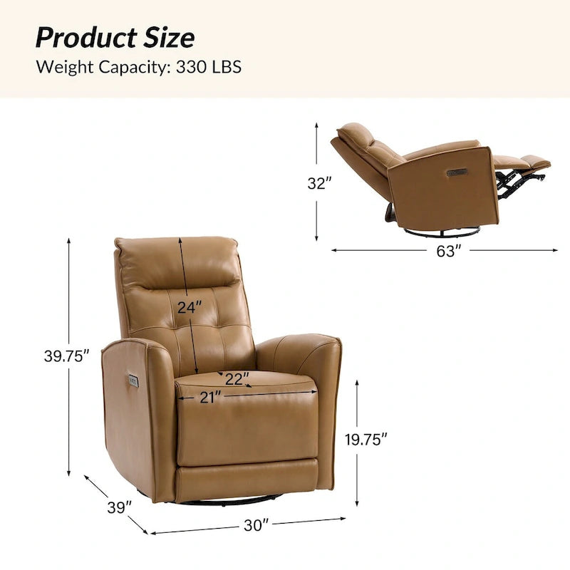 Alberto Mordern Genuine Leather Power Recliner with USB Charging Port by HULALA HOME