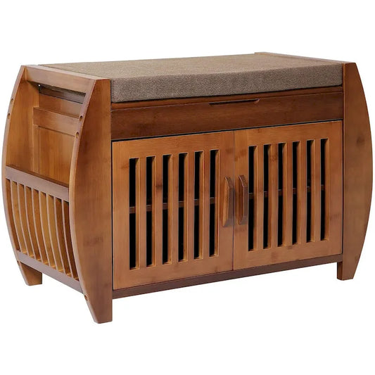 Bamboo Shoe Storage Bench with Storage Space and Padded Seat Cushion, for Entryway, Living Room, Bedroom, Brown