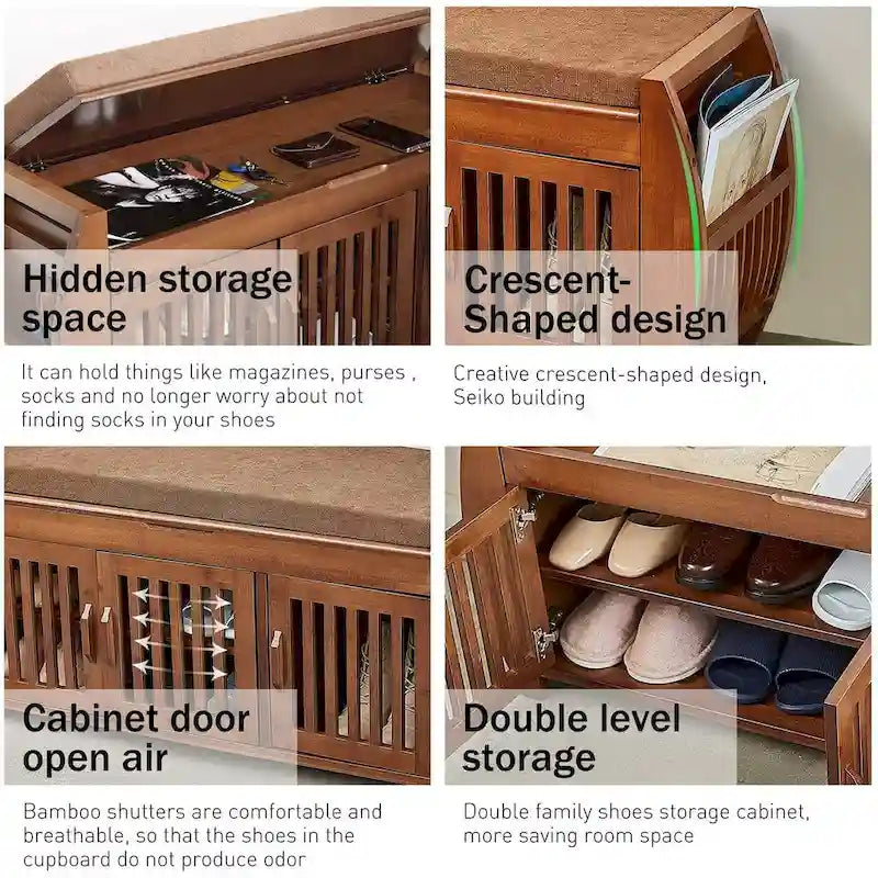 Bamboo Shoe Storage Bench with Storage Space and Padded Seat Cushion, for Entryway, Living Room, Bedroom, Brown