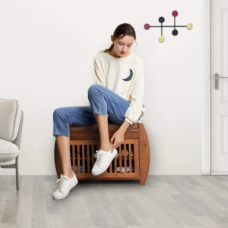Bamboo Shoe Storage Bench with Storage Space and Padded Seat Cushion, for Entryway, Living Room, Bedroom, Brown