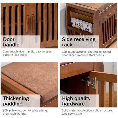 Bamboo Shoe Storage Bench with Storage Space and Padded Seat Cushion, for Entryway, Living Room, Bedroom, Brown