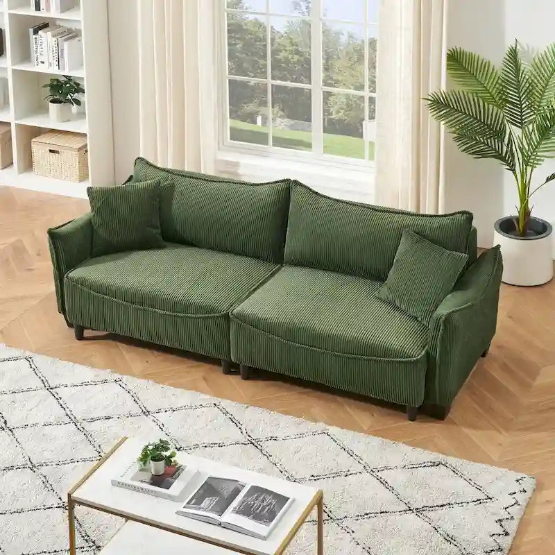 2345 Green Corduroy Fabric, Sofa Can Be Converted Into A Sofa Bed with Two Throw Pillows