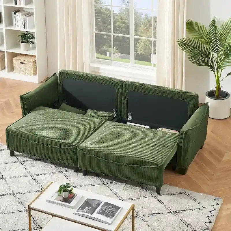 2345 Green Corduroy Fabric, Sofa Can Be Converted Into A Sofa Bed with Two Throw Pillows