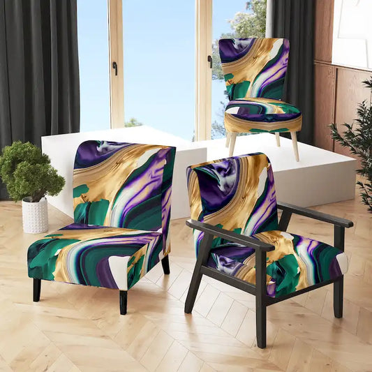 Designart Purple, Green And Gold Bold Strokes I Upholstered Modern & Contemporary Accent Chair and Modern Arm Chair