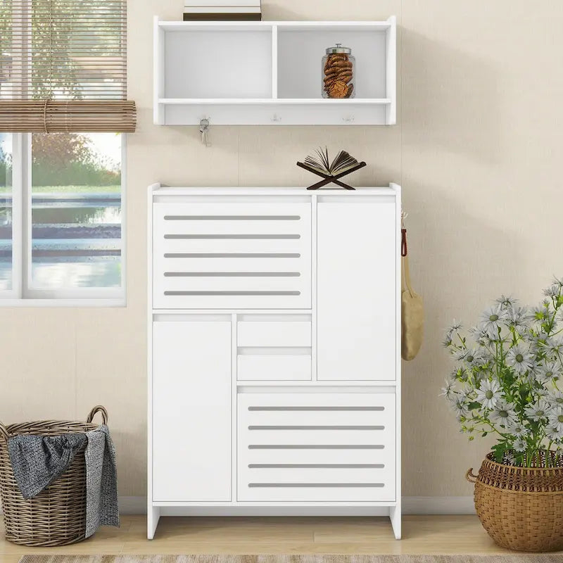 Shoe Cabinet with Wall Cabinet, Space-saving Design Foyer Cabinet with 2 Flip Drawers, Versatile Side Cabinet for Hallway, White