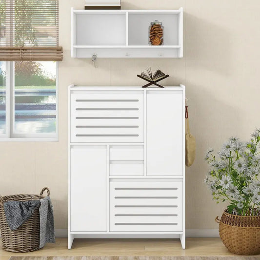 Shoe Cabinet with Wall Cabinet, Space-saving Design Foyer Cabinet with 2 Flip Drawers, Versatile Side Cabinet for Hallway, White