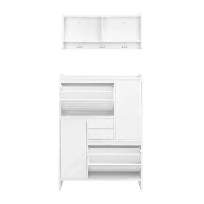 Shoe Cabinet with Wall Cabinet, Space-saving Design Foyer Cabinet with 2 Flip Drawers, Versatile Side Cabinet for Hallway, White