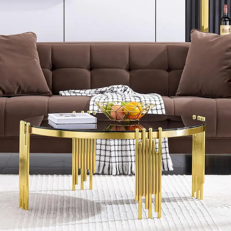 Modern 36 Round Coffee Table with Tempered Glass Top and Polished Chime-Shaped Legs