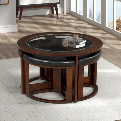 Solid Wood Glass Top Round Table Set, Coffee Table with 4 Stools