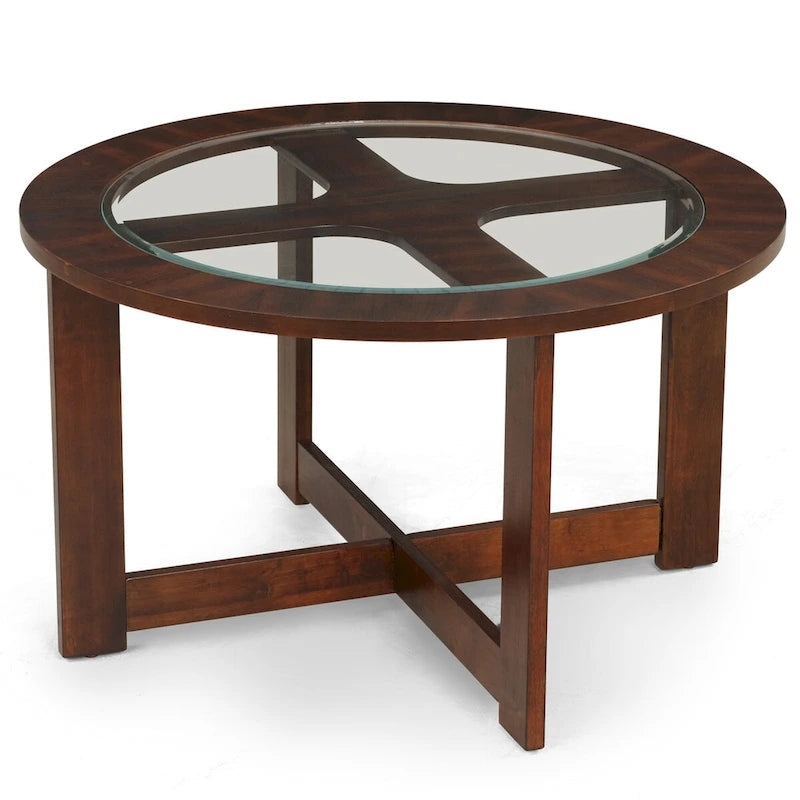 Solid Wood Glass Top Round Table Set, Coffee Table with 4 Stools
