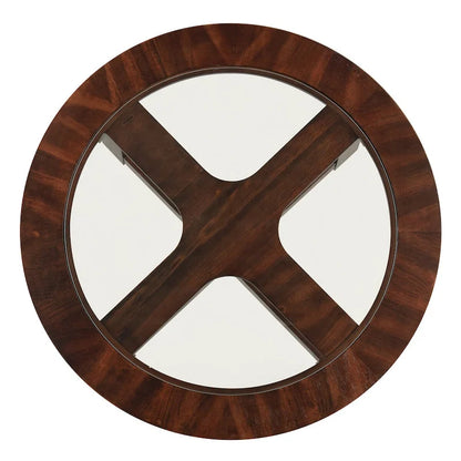 Solid Wood Glass Top Round Table Set, Coffee Table with 4 Stools