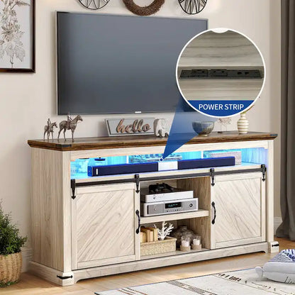 Moasis Farmhouse TV Stand for TV up to 75 Sliding Barn Door Media Console with LED Lights