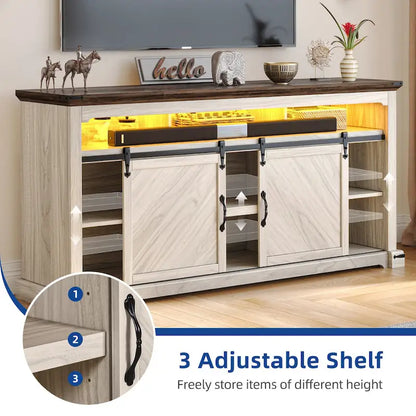 Moasis Farmhouse TV Stand for TV up to 75 Sliding Barn Door Media Console with LED Lights