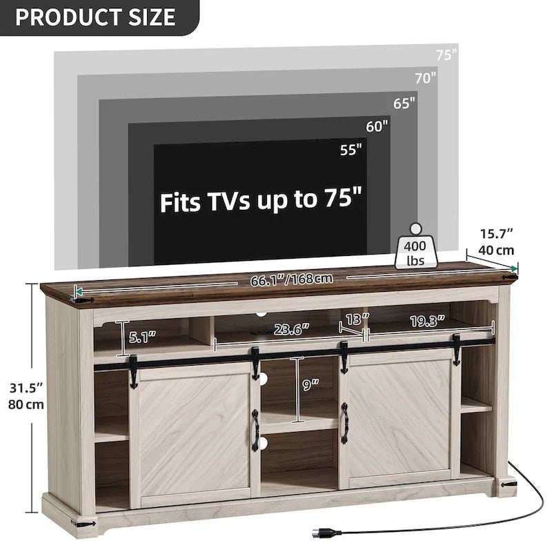 Moasis Farmhouse TV Stand for TV up to 75 Sliding Barn Door Media Console with LED Lights