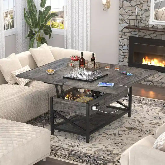 Farmhouse Lift Top Multi-Function Coffee Table Converts to Dining Table with LED Light and Power Outlet