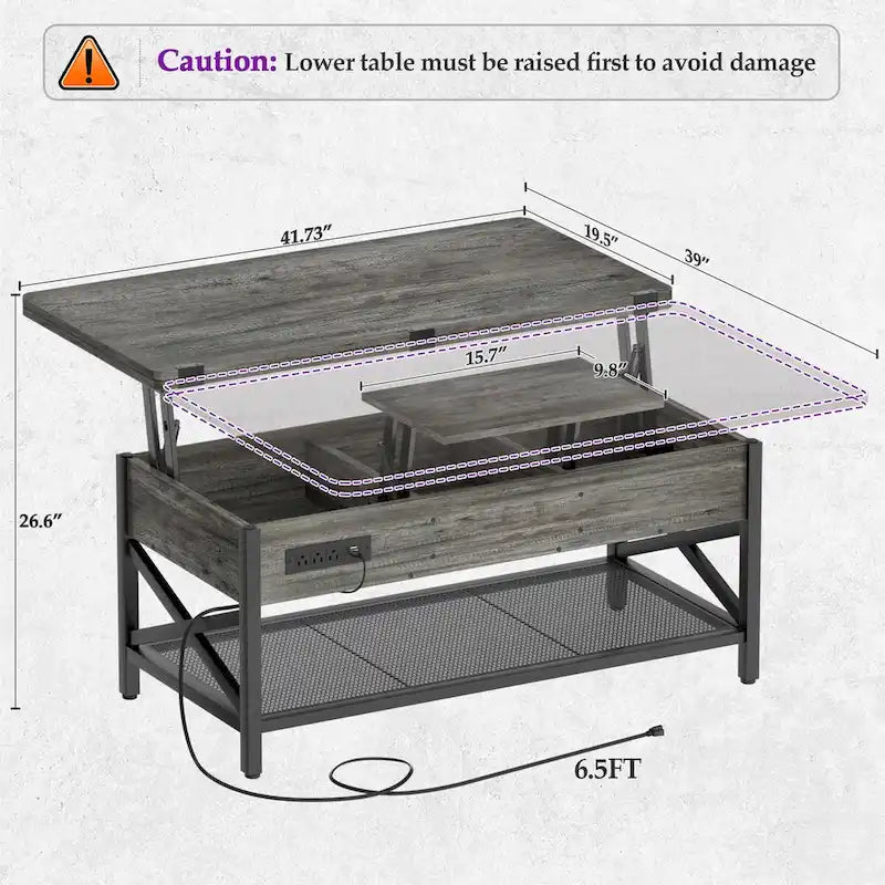Farmhouse Lift Top Multi-Function Coffee Table Converts to Dining Table with LED Light and Power Outlet