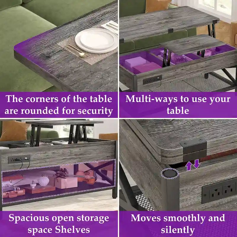 Farmhouse Lift Top Multi-Function Coffee Table Converts to Dining Table with LED Light and Power Outlet